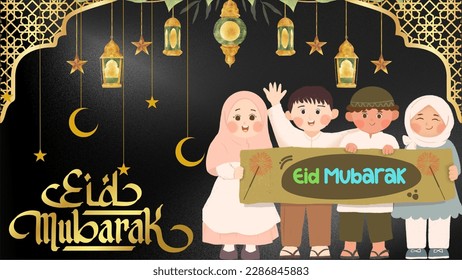 A few children holding Eid Mubarak banners.