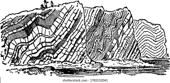 Few children playing on curved and contorted rocks located near old head of Kinsale, vintage line drawing or engraving illustration.