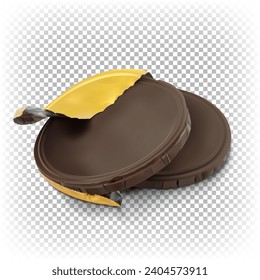 A few chocolate round coins in unwrapped gold foil. Vector 3d realistic illustration isolated on transparent background.