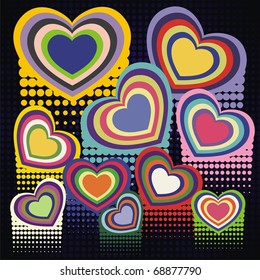 a few colorful hearts on black background. Vector illustration