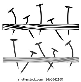A few crooked nails hammered into the board. Side view, sharp ends peeking from below