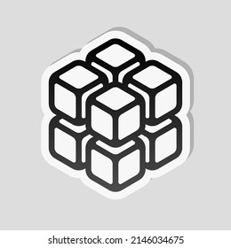 A few cubes, box in 3D, simple icon. Linear sticker, white border and simple shadow on gray background