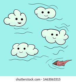 A few cute little clouds are flying. A bird soars at a lower altitude. The picture is made in the children's style.