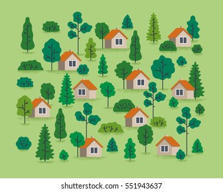 Few cute little houses in the summer forest landscape. Flat vector illustration on warm green background.