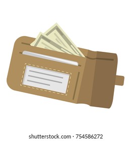 A few dollar bills lie in a brown purse. The concept of monetary profit. Vector illustration.