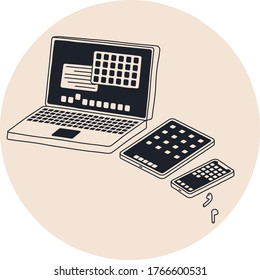 A few electronic devices grouped together with the screens turned on showing icons. A laptop computer, tablet, smartphone and earphones. Simple hand drawn cartoon style vector illustration