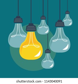 A few extinct light bulbs hang, and one of them burns. The concept of marketing brainstorming. Vector illustration.