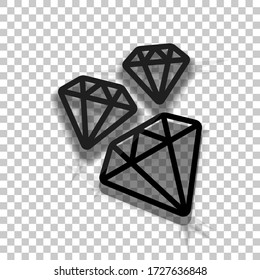 Unos cuantos diamantes de contorno en caída. Icono de cristal negro con sombra suave sobre fondo transparente