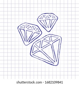 Ein paar herabfallende Diamanten. Handgezeichnetes Bild auf Papier. Blaue Tinte, Skizzenstil. Doodle auf dunklem Hintergrund