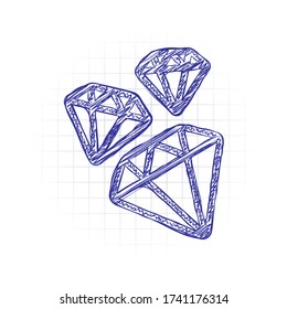 A few falling outline diamonds. Hand drawn sketched picture with scribble fill. Blue ink. Doodle on white background
