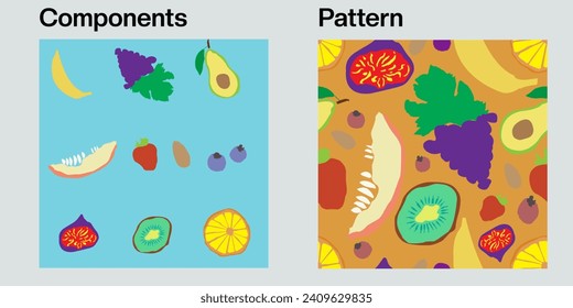 A few fruits, berries and nut (almond). File includes ready-to-use seamless pattern and components to make your own, or use different ways.