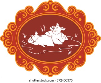 A few funny cartoon pigs and piglets on the farm having fun, playing and fooling around enclosed in an art frame.
