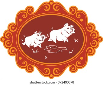 A few funny cartoon pigs and piglets on the farm having fun, playing and fooling around enclosed in an art frame.