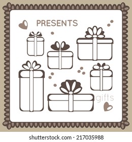 A few gift boxes with bows. Vector monochrome set for your Christmas or Birthday design.