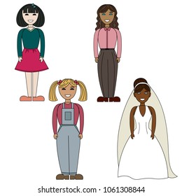 A few girls of different professions in different outfits.