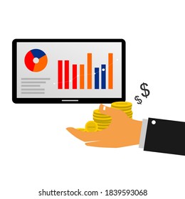 a few graphic icons on the tablet and the hand holding a pile of coins