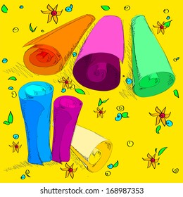 A few hand drawn rolls of fabric on the yellow background with flowers and leaves 