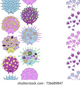 A few hedgehogs with ornaments of flowers, suns, crowns, houses, trees, hearts and geometric shapes on a white background
