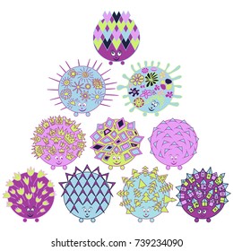 Few hedgehogs with ornaments of flowers, suns, crowns, houses, trees, hearts and geometric shapes on a white background