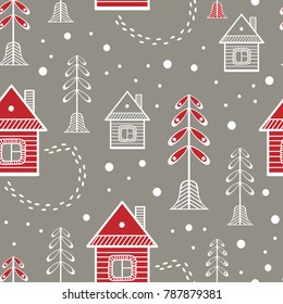 Few  houses in the winter landscape.  Scandinavian style vector seamless pattern. 