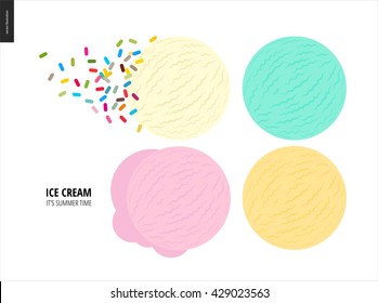 Few ice cream scoops on a white background - a vector cartoon flat illustration of vanilla, pink fruit, white and blue mint ice cream scoops on a white backround and a hip of colorful sprinkles