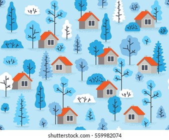 Few little houses in the winter forest landscape. Flat style vector seamless pattern.