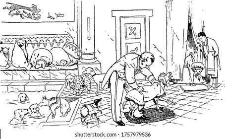 Few men and their dogs getting dried after a bath, vintage line drawing or engraving illustration 
