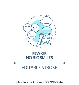Few and no big smiles concept icon. Autism sign in kids abstract idea thin line illustration. Having trouble smiling. Making unhappy face. Vector isolated outline color drawing. Editable stroke