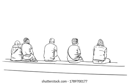 Few people sitting bench in line view from back  Vector sketch Hand drawn line illustration