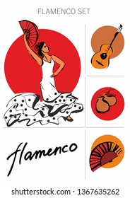 a few pictures on the theme of flamenco girl dancer in a pea dress with a guitar fan and castanets and the word flamenco, written by hand 
