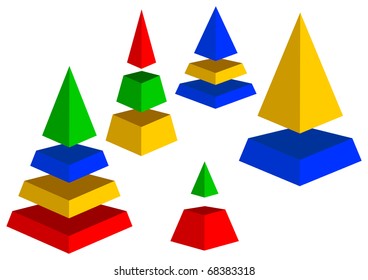 A few pyramids are on a white background. Pyramids of different color and size. Varicoloured pyramids.