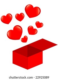 few red hearts flying from box