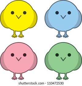 A few round birds in different colors