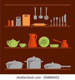 A few shelves with different types of kitchenware