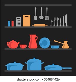 A few shelves with different types of kitchenware