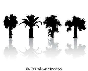 Few silhouette of palm trees in a row with reflection (vector, illustration )