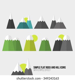 A few simple flat illustration of mountains and hills. Modern style illustration with stipple dotted light effects.