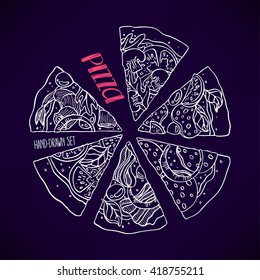 a few slices of pizza with various stuffing on a dark background. hand-drawn illustration