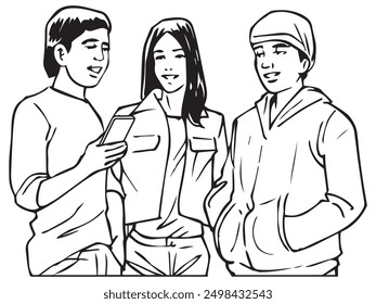 A few teenagers socializing. Illustration black and white and vector format.