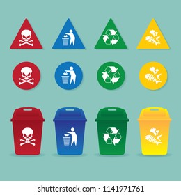 Few types of trash, red for hazardous, blue for trash, green for recycling, yellow for garbage. Garbage can symbol and icons vector waste management concept.