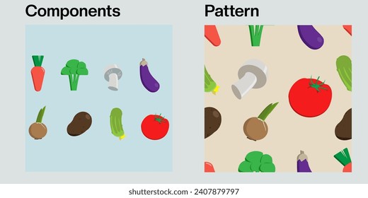A few vegetables and mushroom. File includes ready-to-use seamless pattern and components to make your own, or use different ways.
