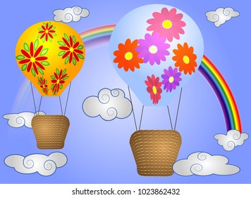 A few Vivid, cartoonish, large volumetric balloons with a basket in the sky amidst white clouds and a rainbow. Flying, happiness, freedom