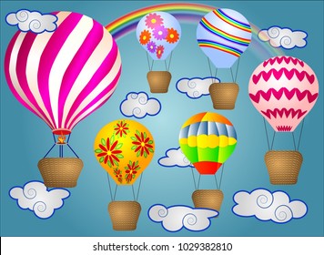 A few Vivid, cartoonish, large volumetric balloons with a basket in the sky amidst white clouds and a rainbow. Flying, happiness, freedom