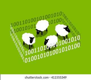 Few white sheeps grazing on the lawn behind the fence of binary code as image of digital protection data in the network and financial or banking security. Flat vector illustration on green background.