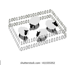 Few white sheeps grazing on the lawn behind the fence of binary code as image of digital protection data in the network and financial or banking security. Flat vector illustration on white background.