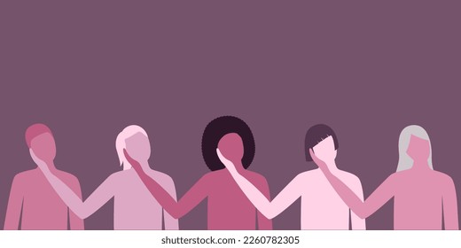 Few women of different color skin standing together. Women's friendship, support, union of feminists or sisterhood. The concept of the female's empowerment movement.