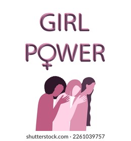 Few women of different color skin standing together. Women's friendship, support, union of feminists or sisterhood. The concept of the female's empowerment movement.