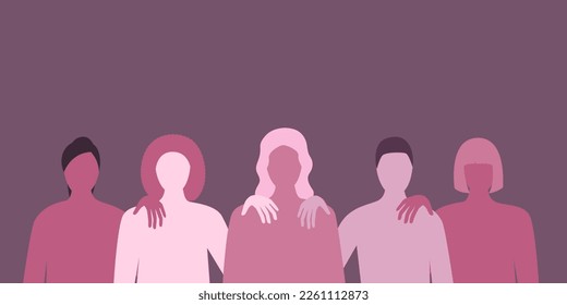Few women of different color skin standing together. Women's friendship, support, union of feminists or sisterhood. The concept of the female's empowerment movement.