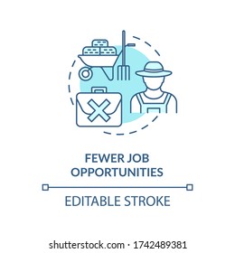 Fewer job opportunities turquoise concept icon. Unemployment in village. Farmer work. Country living idea thin line illustration. Vector isolated outline RGB color drawing. Editable stroke