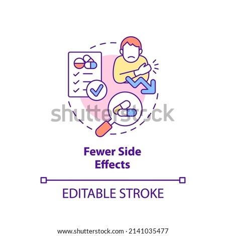 Fewer side effects concept icon. Clinical trials advantage for participant abstract idea thin line illustration. Isolated outline drawing. Editable stroke. Arial, Myriad Pro-Bold fonts used